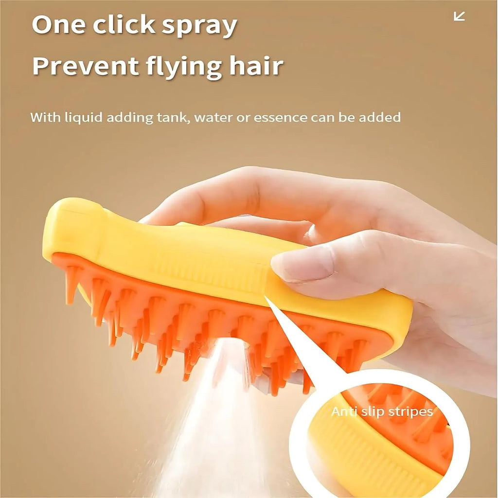Rechargeable 3-in-1 cat steam brush with massage function and paw-shaped teeth in green or yellow colour