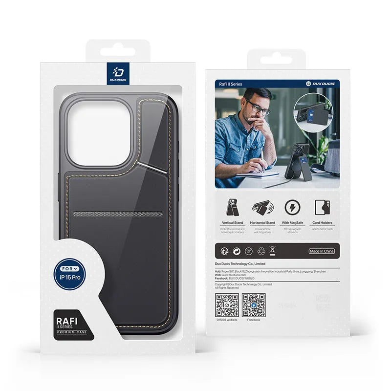 Black multi-functional iPhone 15 phone case with bracket, magnetic suction and anti-fall protection, TPU PU stainless steel magnet
