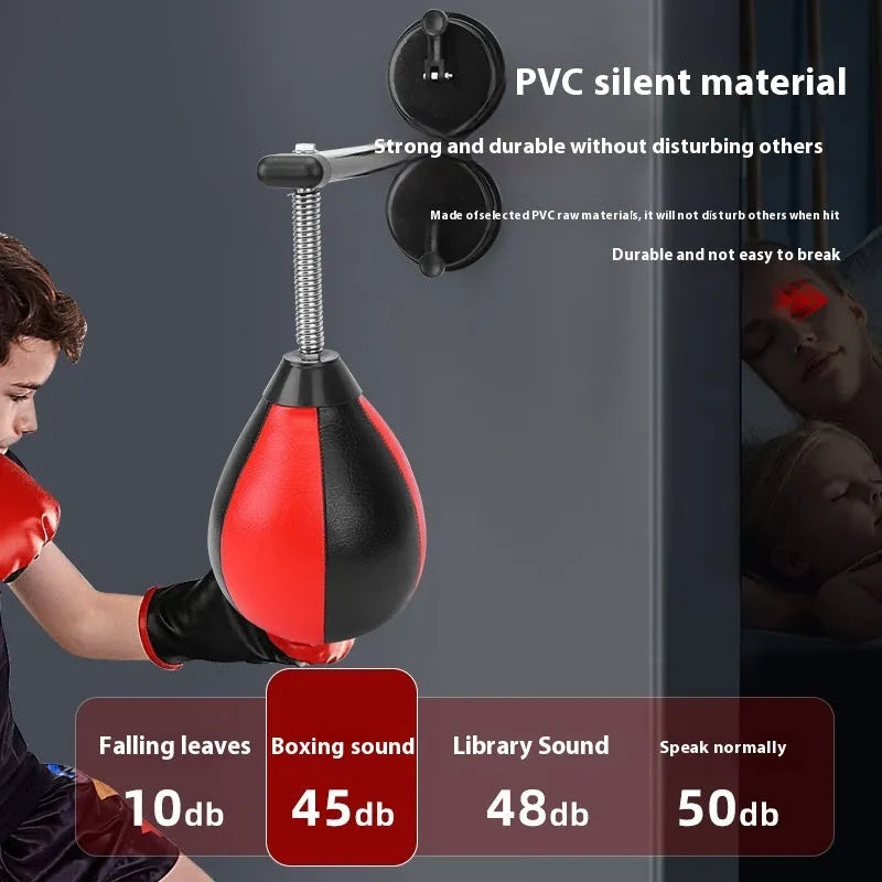 Red and black pear-shaped hanging boxing ball with dual suction cup mounting system