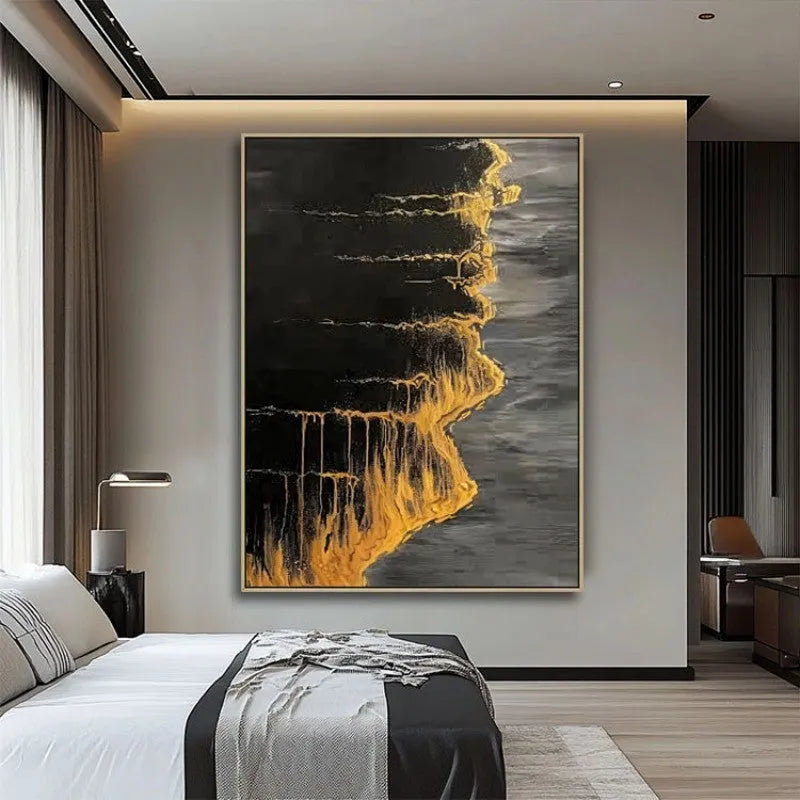 Handmade abstract golden beach and waves texture oil painting on canvas vertical wall art