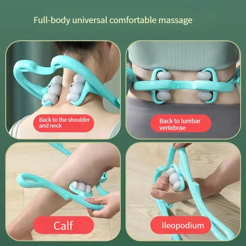 Blue handheld neck and shoulder massager with pressure nodes showing 360-degree rotation.
