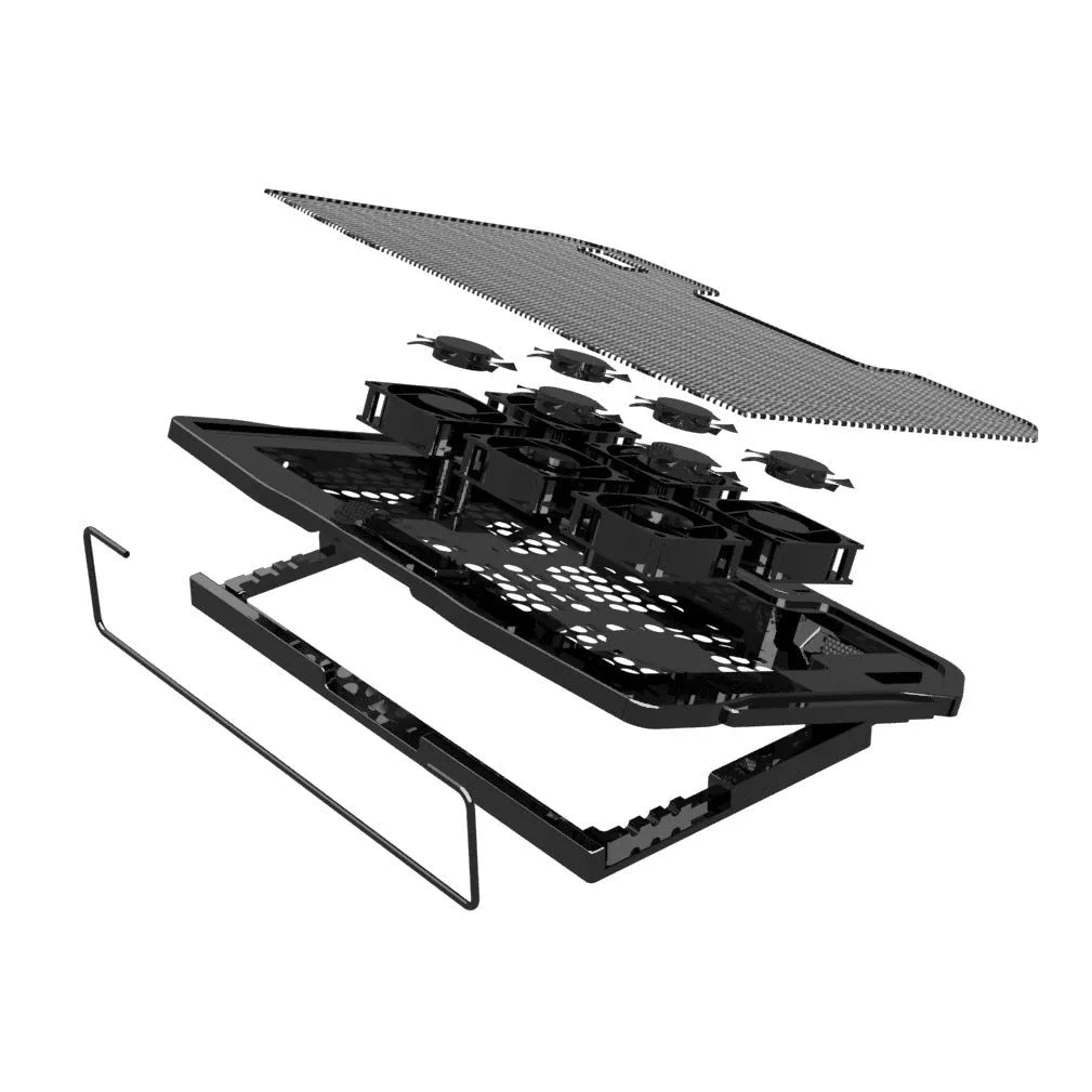 Black computer base fan cooling rack with six fans, metal mesh surface and five height gears, 370x255x27mm