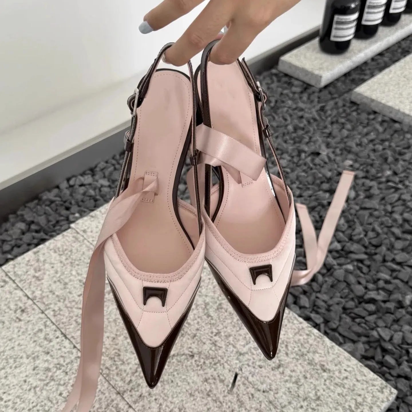Special-shaped root lace-up high heels in black and pink colours with cowhide upper