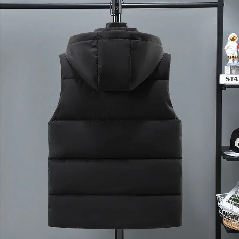 Men's black thickened polyester vest with a removable hood and zipper pockets.