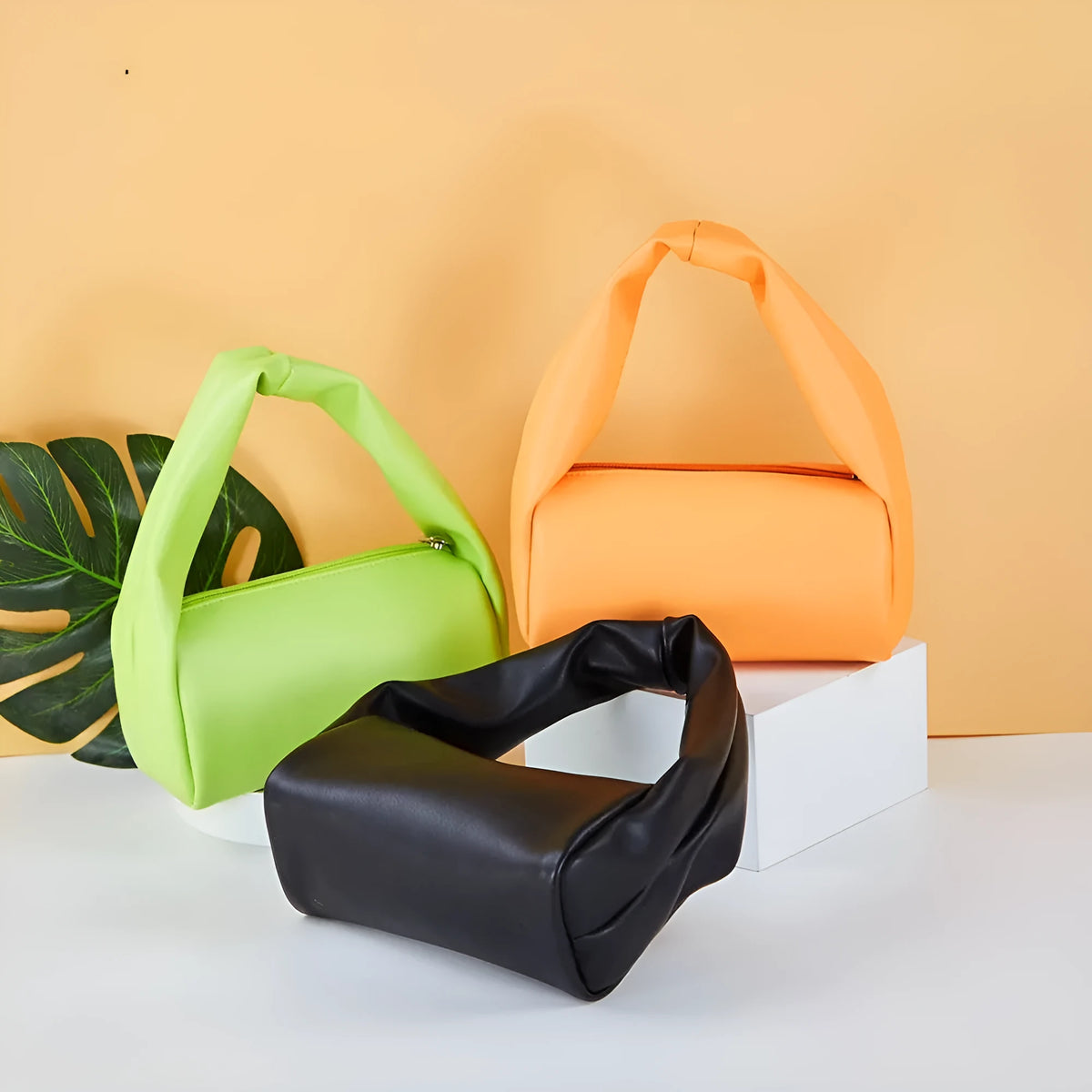 Mini candy colour cosmetic bag in black, hydrangea green, or orange, 18.5x9x9cm PU leather pouch with nylon lining