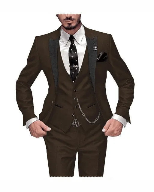 Men's three-piece wine red wool serge suit with slim fit, includes waistcoat, coat, and trousers