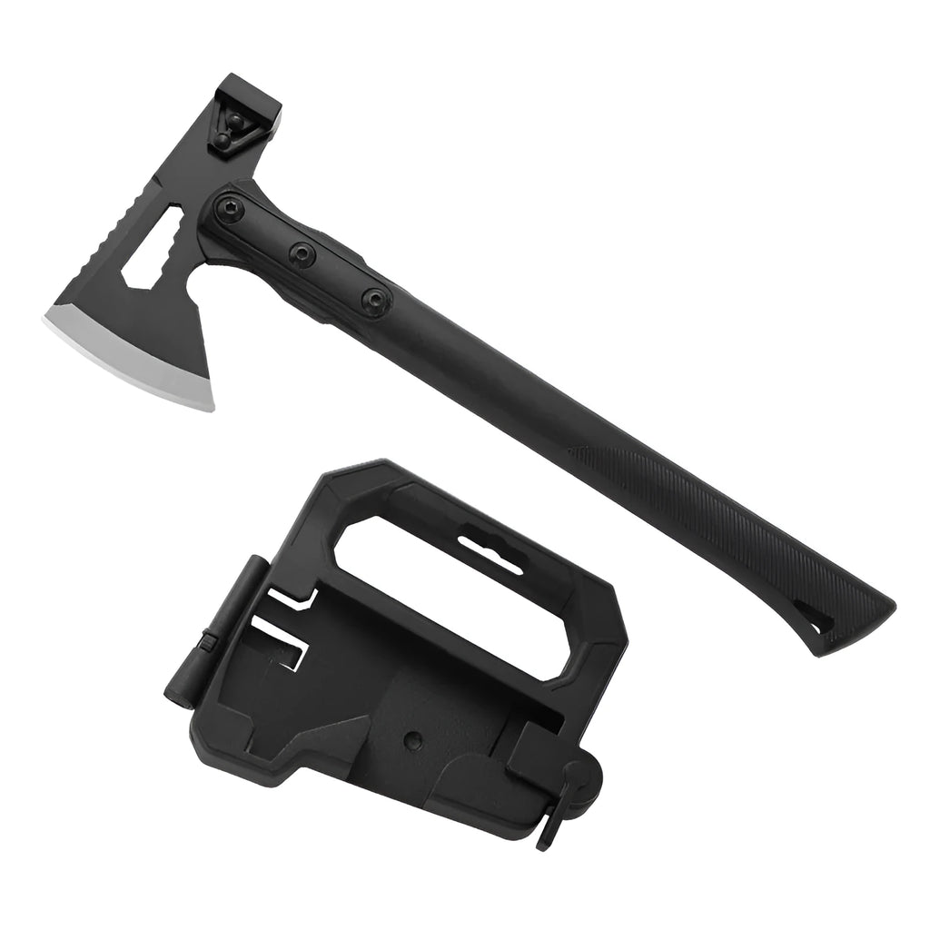 Stainless steel outdoor survival axe with ABS plastic handle showing 40cm length