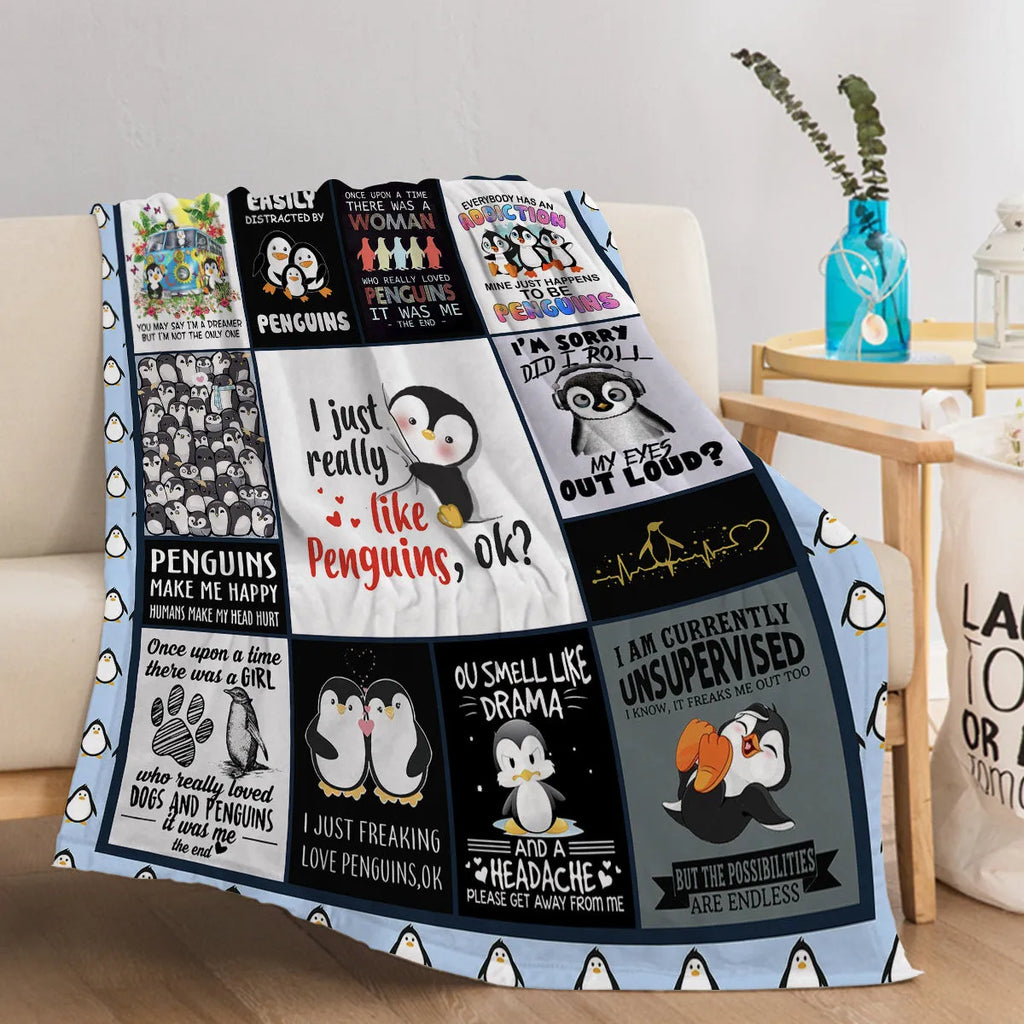 Multicolored flannel velvet blanket with penguin patterns, 130x150cm, on a sofa