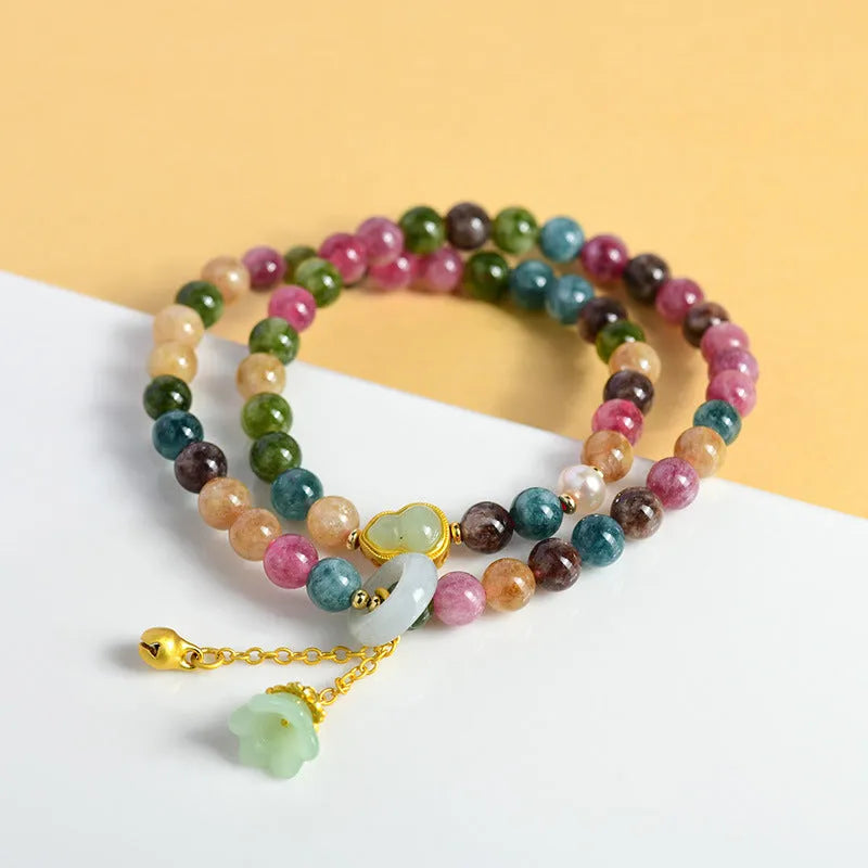 Women's natural chalcedony double ring bracelet with geometric 6-6.5mm beads in C118 colour
