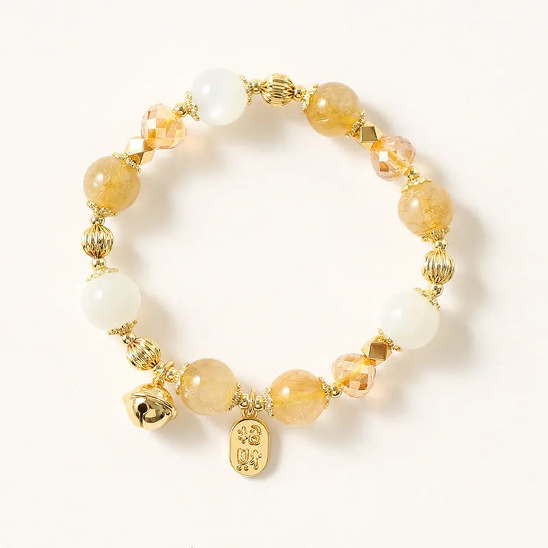 Korean style gold electroplated bracelet with Lucky Fortune rutilated quartz crystal centrepiece