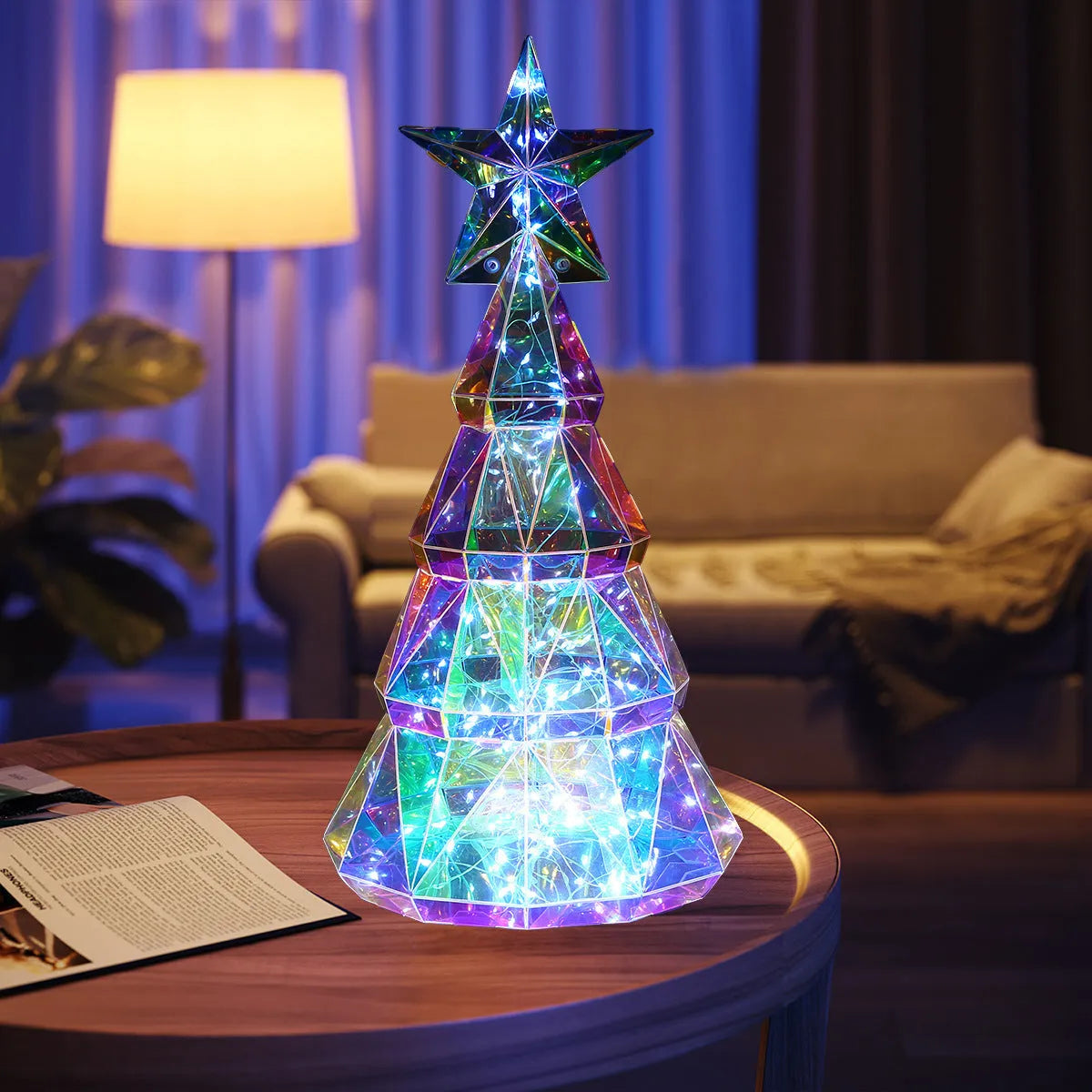 Colourful cartoon-style PET Christmas tree light decoration measuring 14.5cm by 4.8cm by 20cm