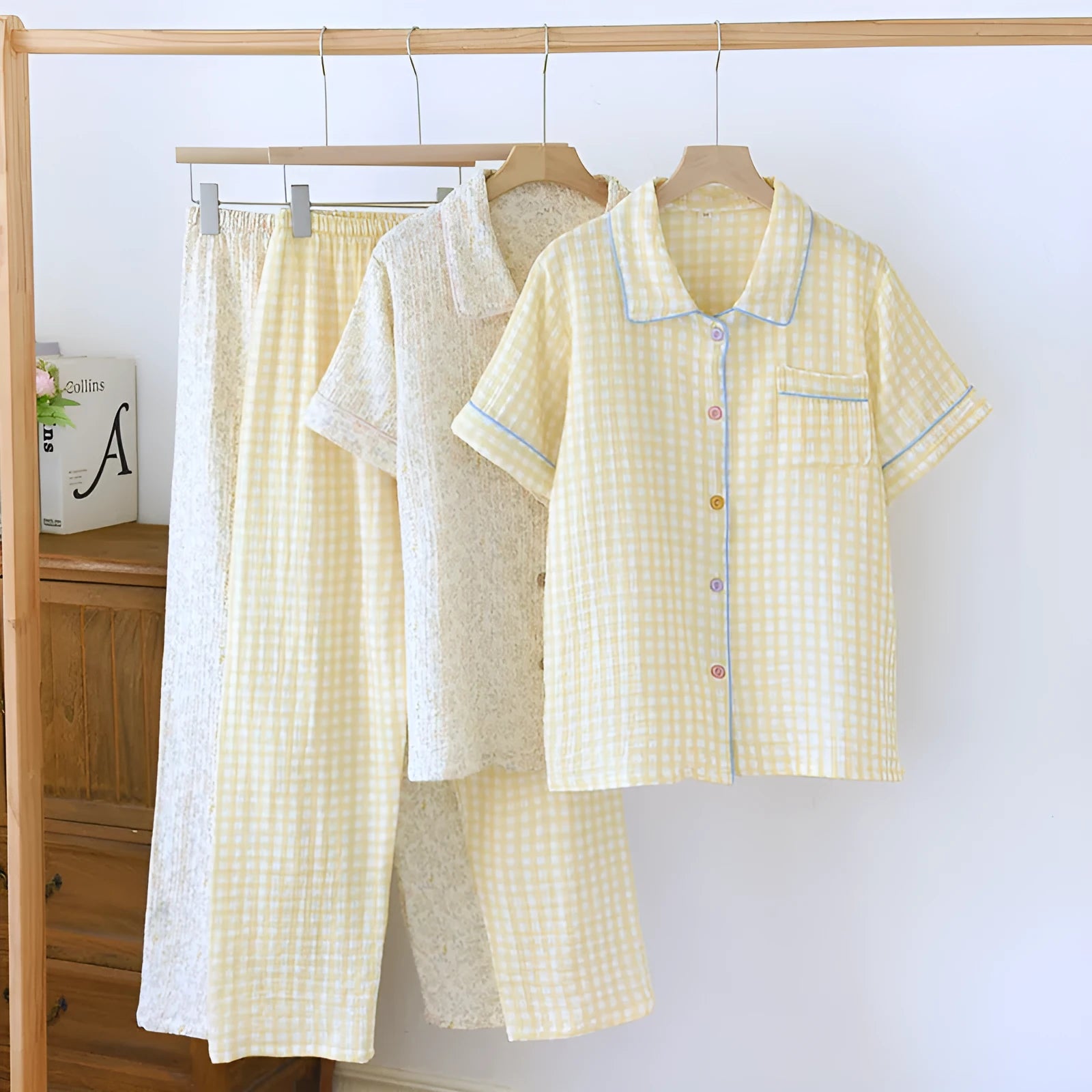 Women's washed cotton short-sleeved lounge trousers set in a loose, casual style.