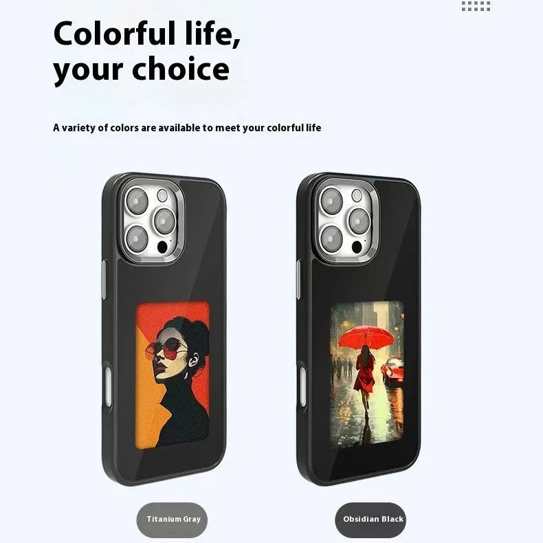Cross-border NFC four-colour E-ink screen AI projection phone case for iPhone 13-16 series in black with artistic floral design