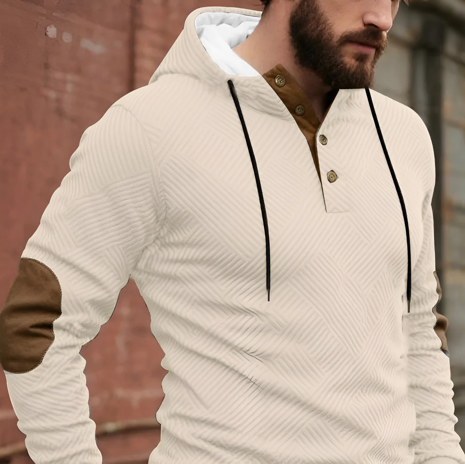 Men's loose hooded polyester fibre pullover in apricot colour, long sleeves, casual style