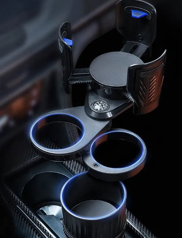 Carbon fibre black car cup holder with retractable base adjusting between 6.5 and 10 centimetres