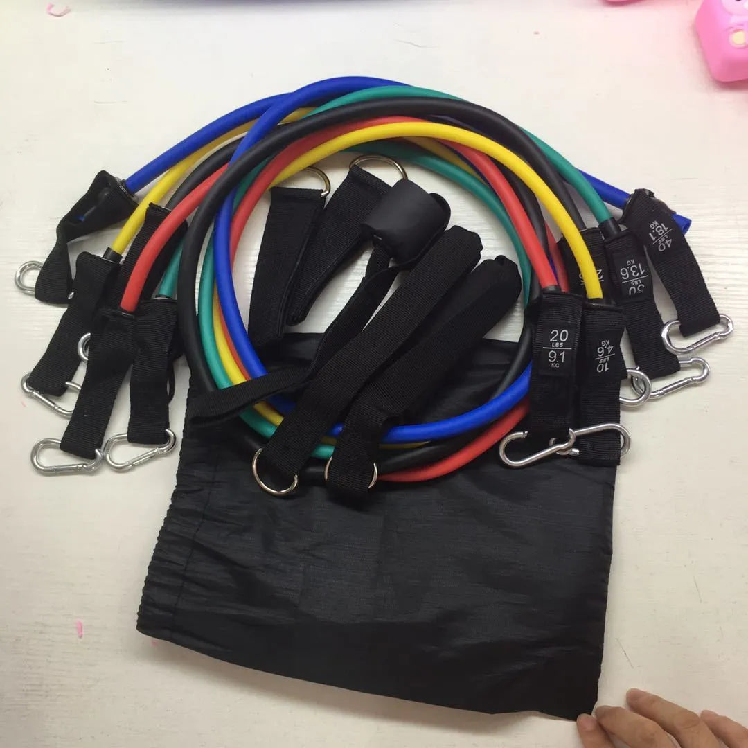 11 piece TPE latex tensioner set for home fitness with colour-coded resistance bands