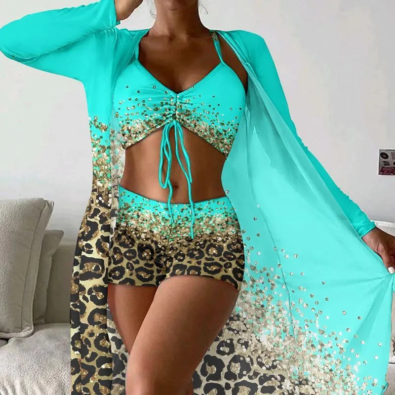 Women's lake blue swimsuit set with sleeveless sling top and high waist shorts