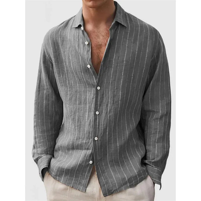 Men's loose-fitting striped cardigan-style shirt in polyester fabric showing colour and pattern details