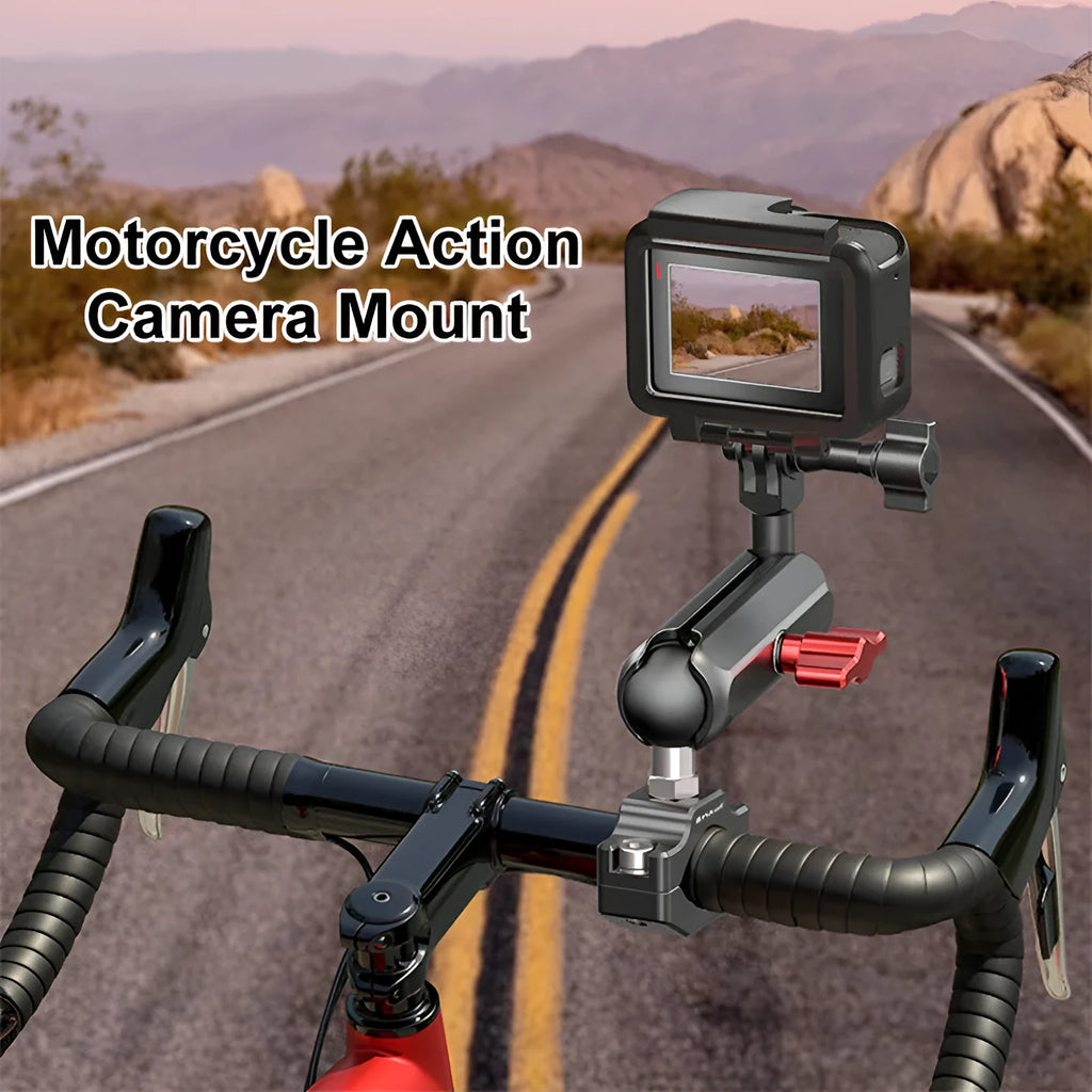 CNC aluminium alloy motorcycle and bicycle camera bracket with five clamp options including pipe clamps and rearview mirror bracket