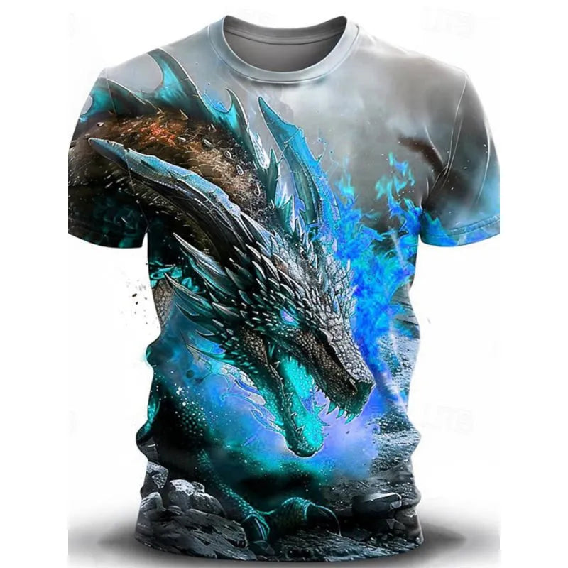Men's grey T-shirt with 3D wind dragon print design on front, short sleeves, pullover style