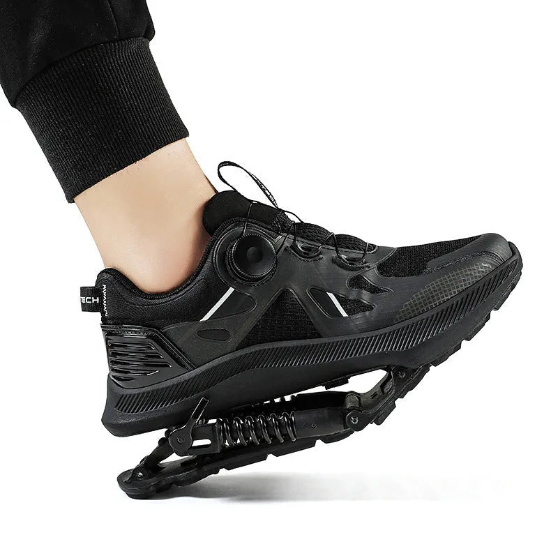 Black running shoes with mesh upper, leather stitching detail, and a buckle closure on the middle top.