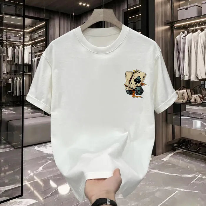 Men's black and white heavy cotton short-sleeved T-shirt with printed design, shown in sizes from S to 5XL.