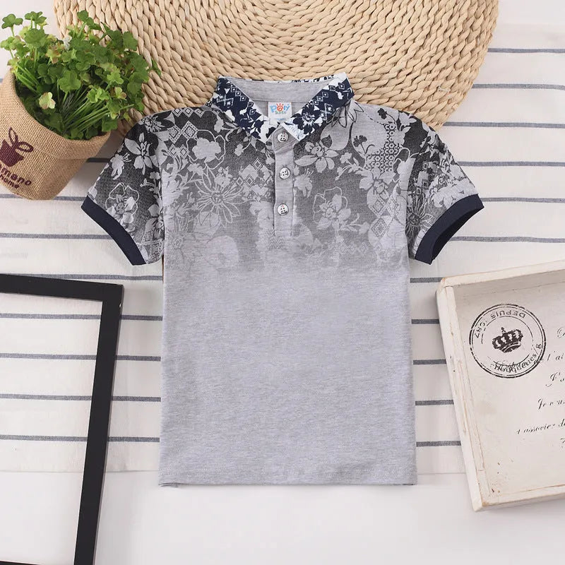Boys short sleeve cotton t-shirt with lapel collar in solid colour options.