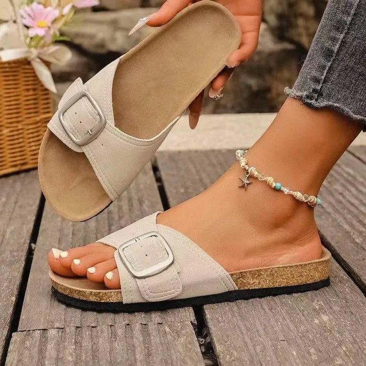 Women's belt buckle open toe sandals in solid colour with canvas upper and composite sole