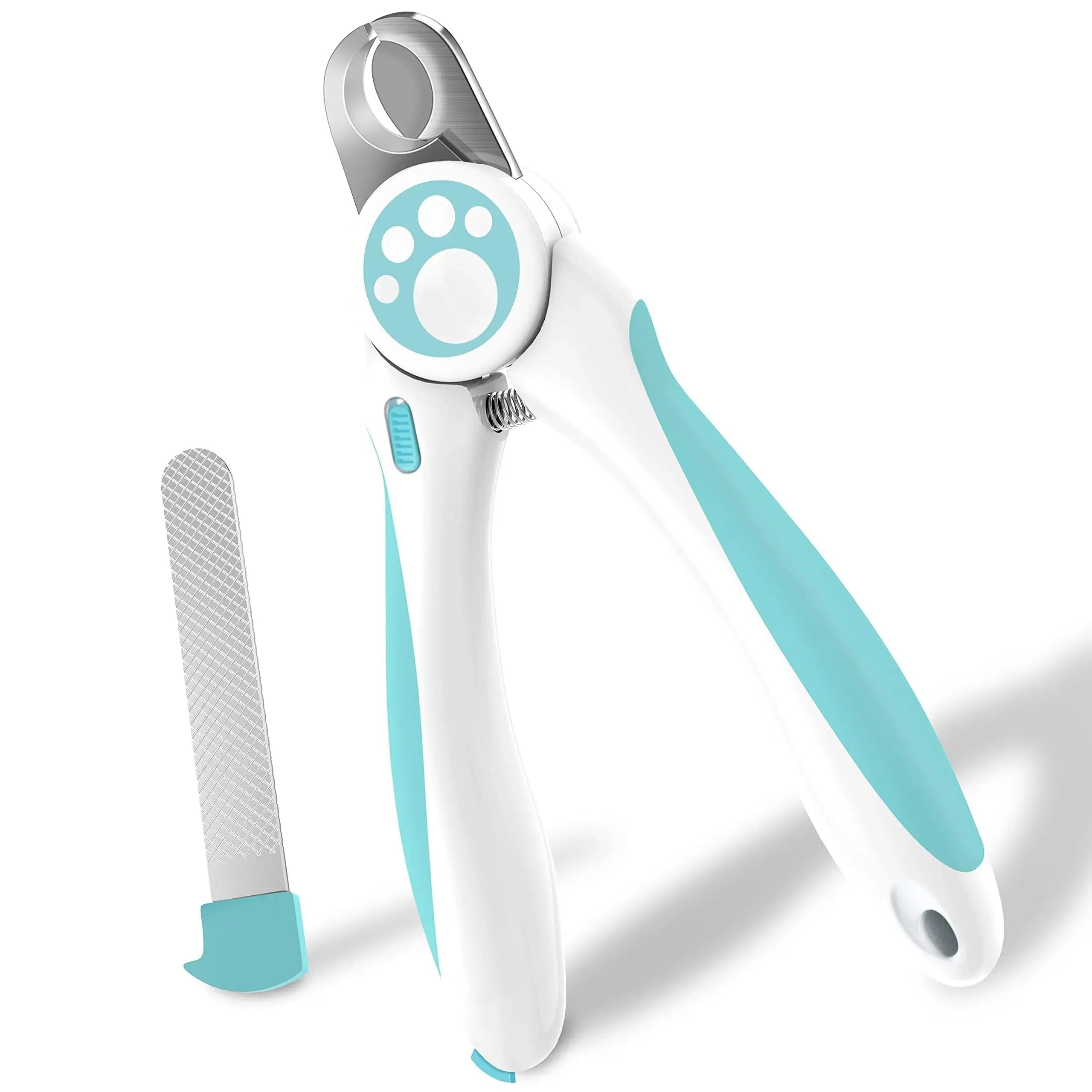 Blue and white pet nail clippers with stainless steel blade and safety stop for dogs and cats