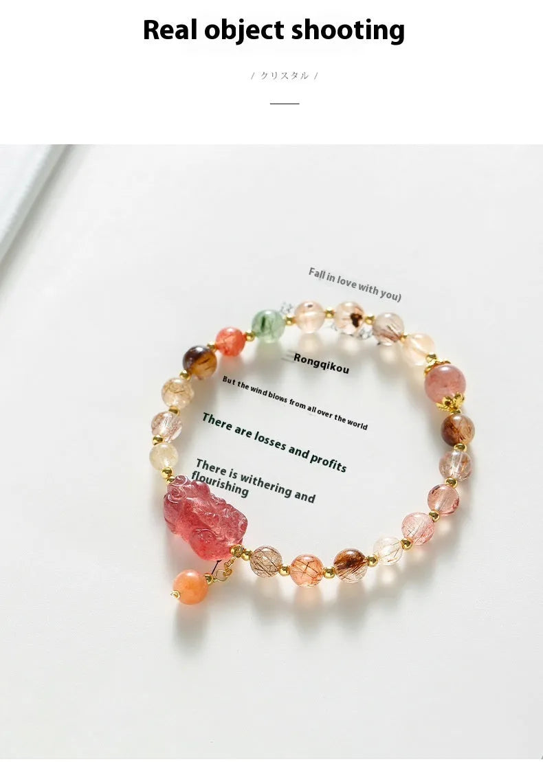 Strawberry Quartz crystal bracelet with Pixiu charm and pearl accents in dopamine colours