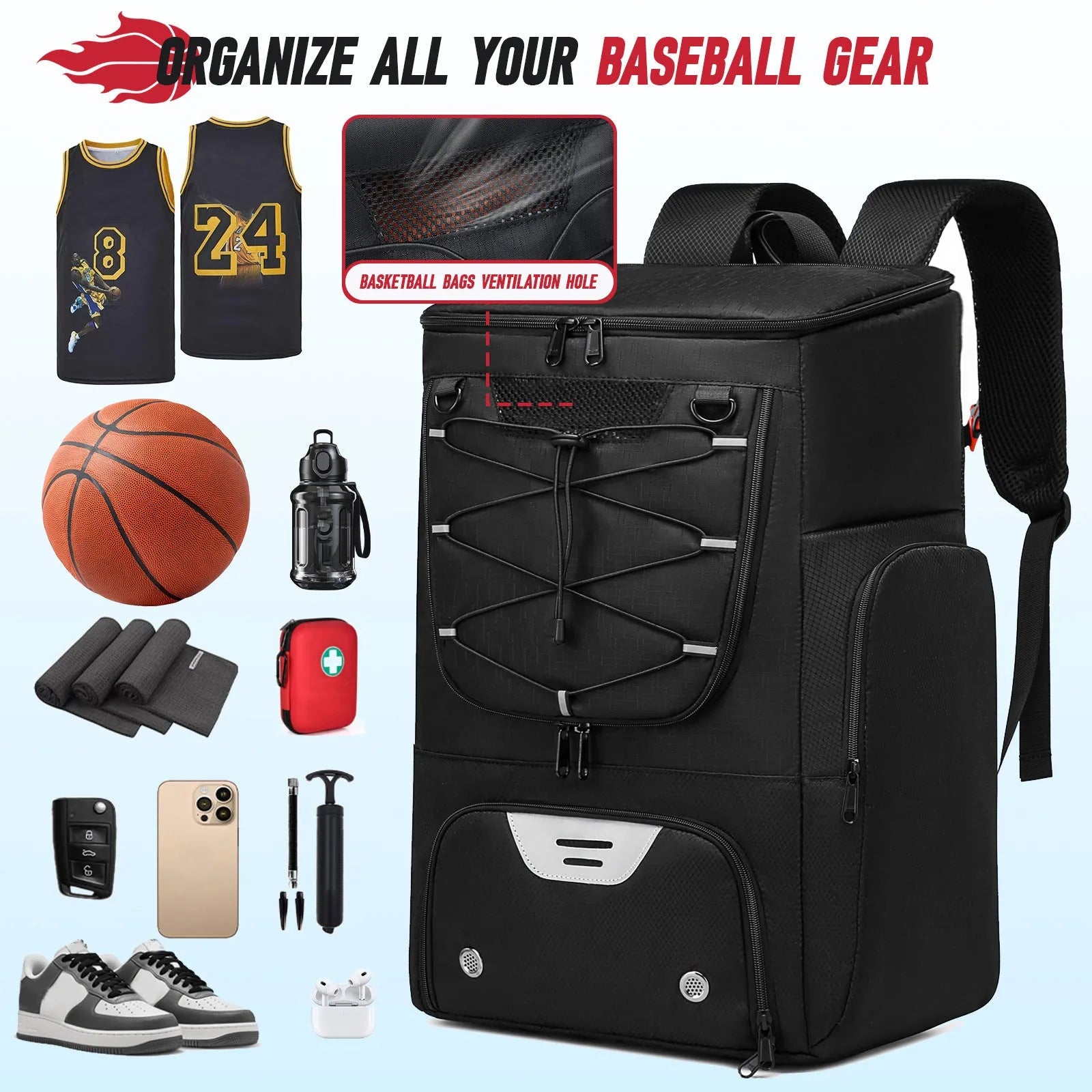 Black Oxford cloth basketball training backpack with large capacity for sports equipment.