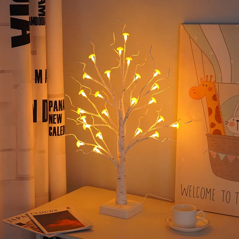 60cm tall white birch tree LED lamp with 24 small detachable mushroom lights on top.