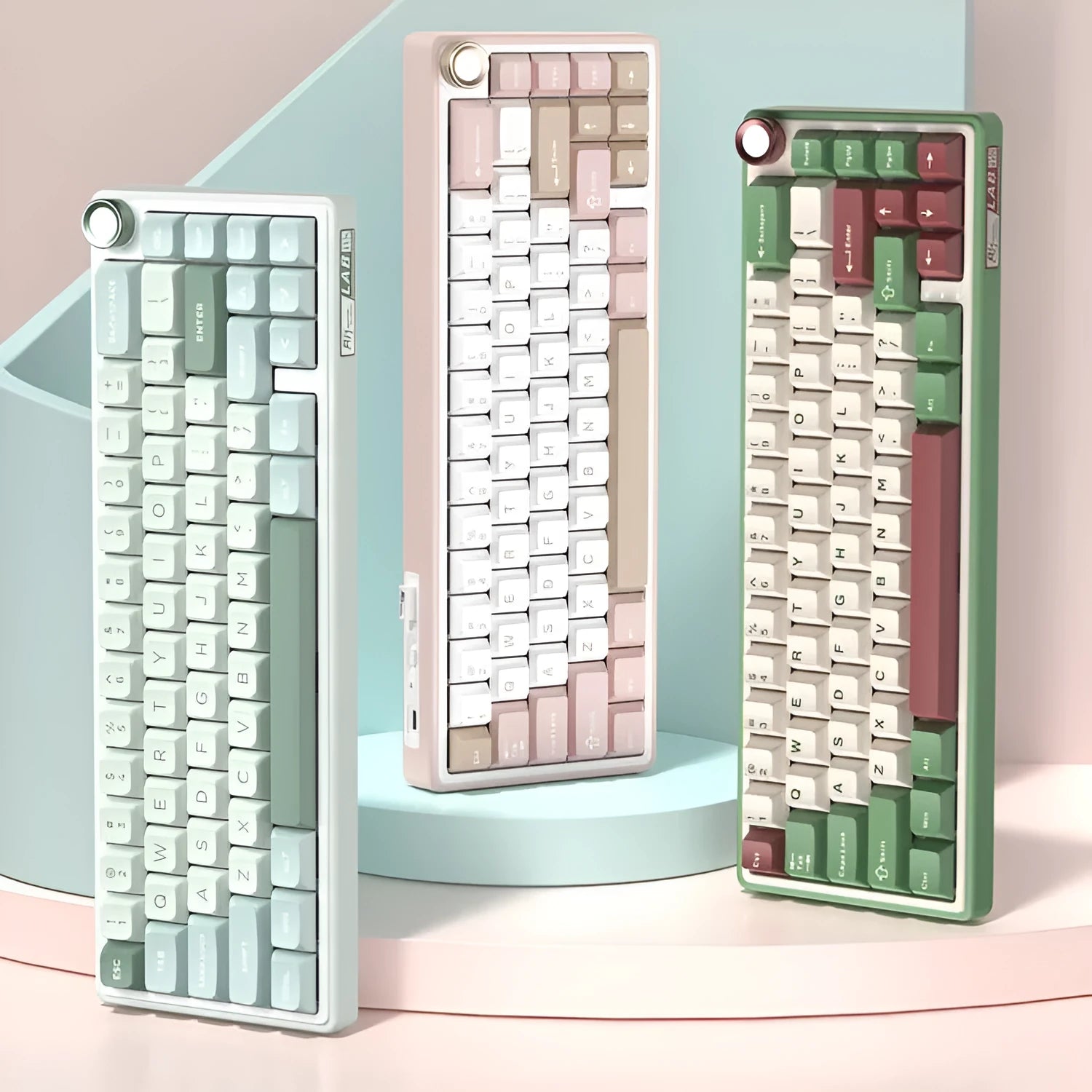Wireless mechanical keyboard with RGB backlighting in various colour options on a desk.