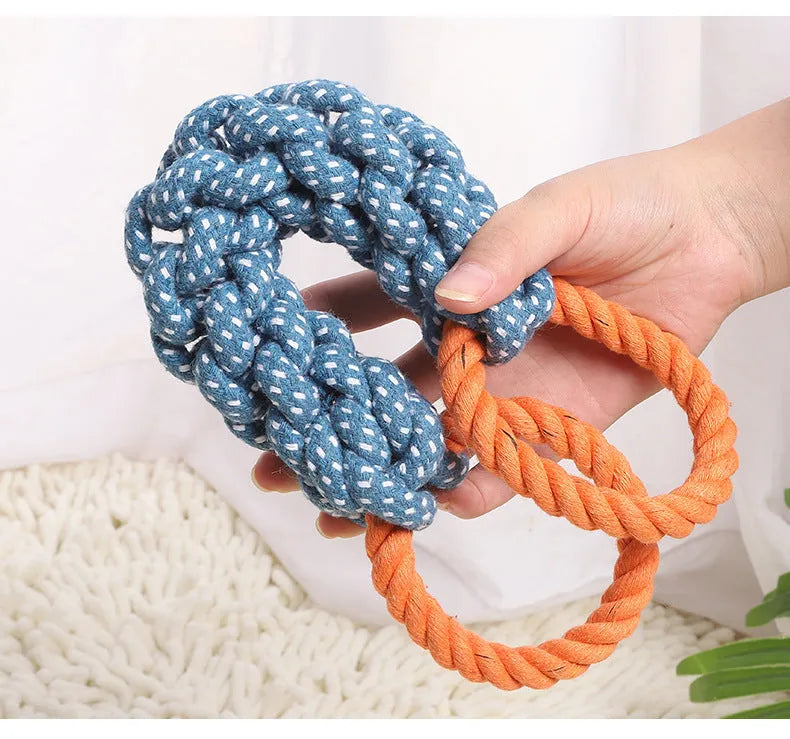 Blue double-ring braided cotton bone dog chew toy for teeth cleaning.