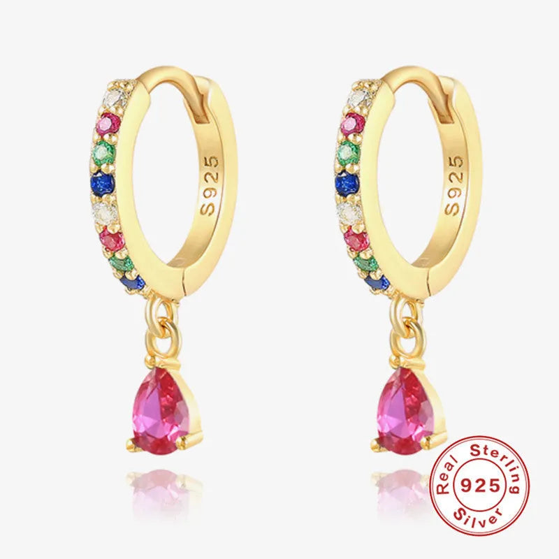S925 sterling silver geometric water drop earring with selected pendant stone on gold or silver tone background.