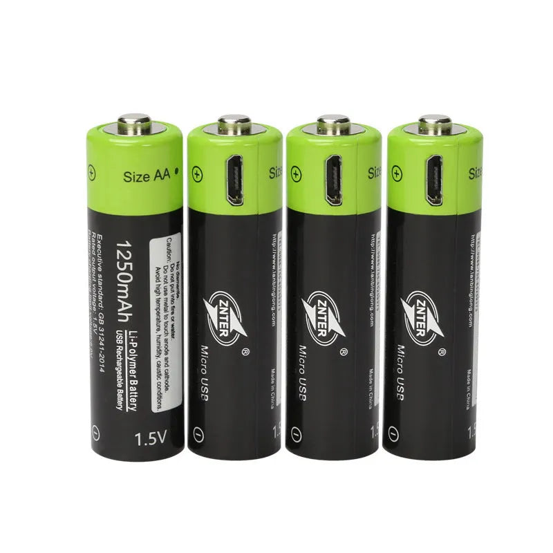 Four green USB rechargeable lithium AA batteries with a black charging cable on a white background