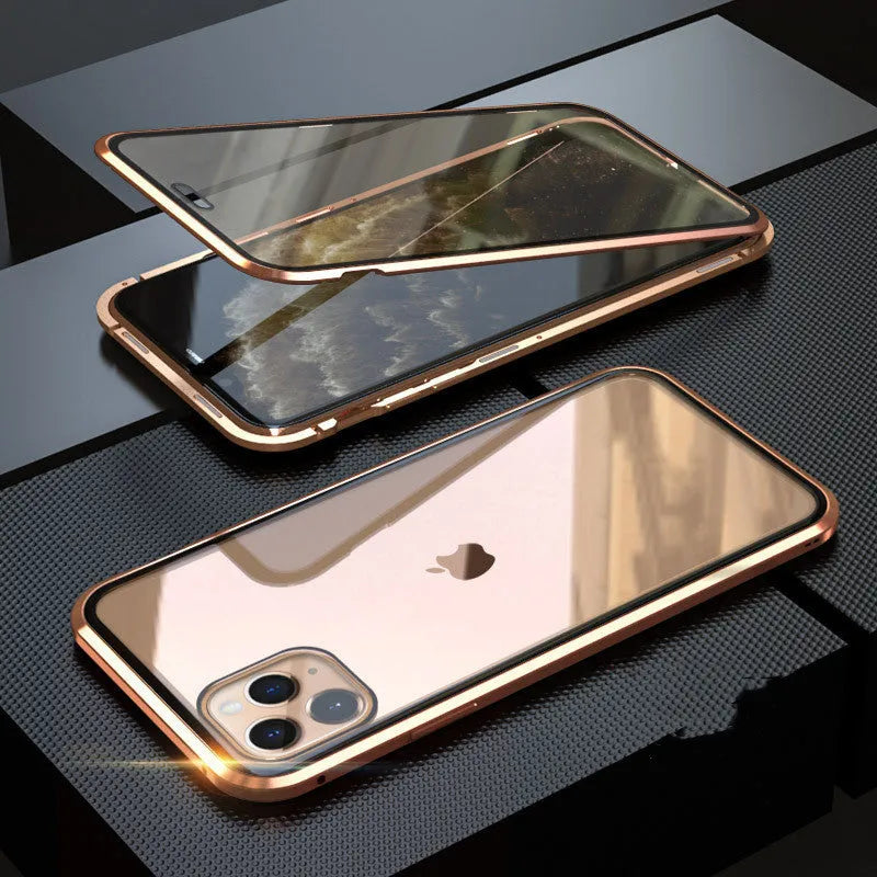 Glass clamshell anti-spy phone case with geometric design in multiple colours for iPhone models.