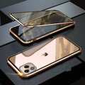 Glass clamshell anti-spy phone case with geometric design in multiple colours for iPhone models.