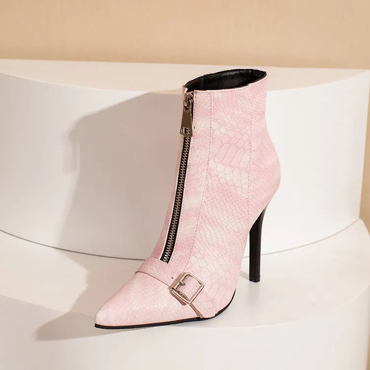 Women's belt buckle front zipper high heel boots in black artificial PU with low tube shaft