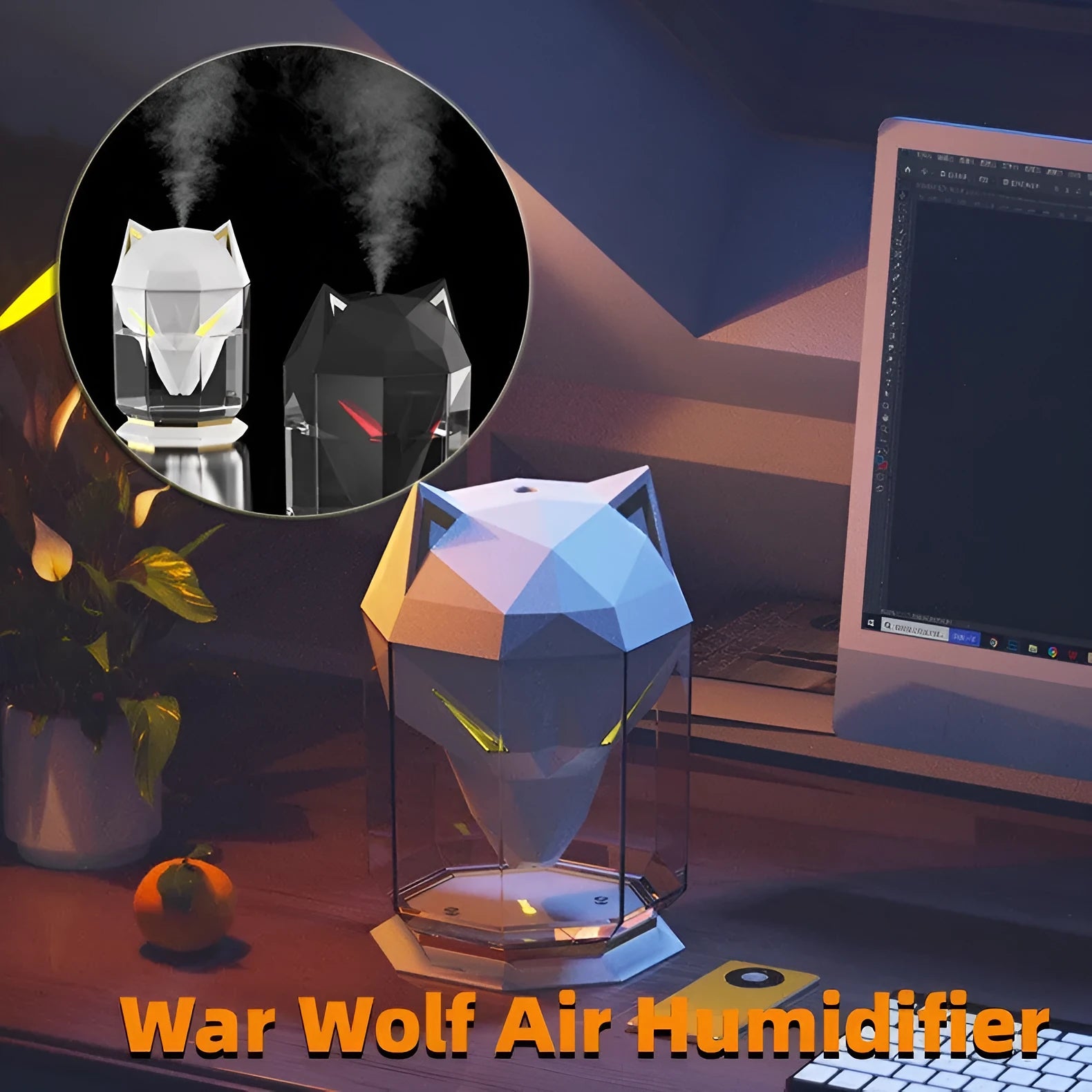 War Wolf black or white desktop ultrasonic humidifier with LED lights and USB cable.