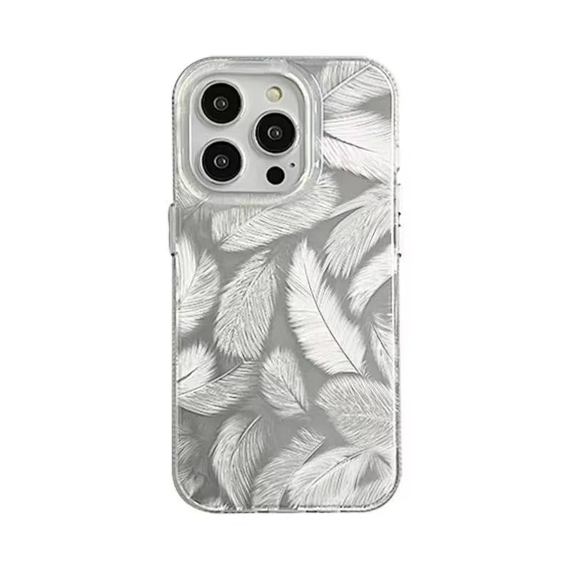 Feather pattern gradient TPU phone case in silver grey with three-dimensional relief design for iPhone