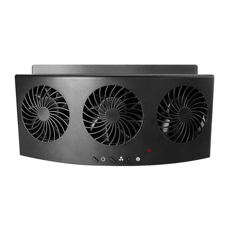 Black and white USB-powered car ventilation fan measuring 23cm long