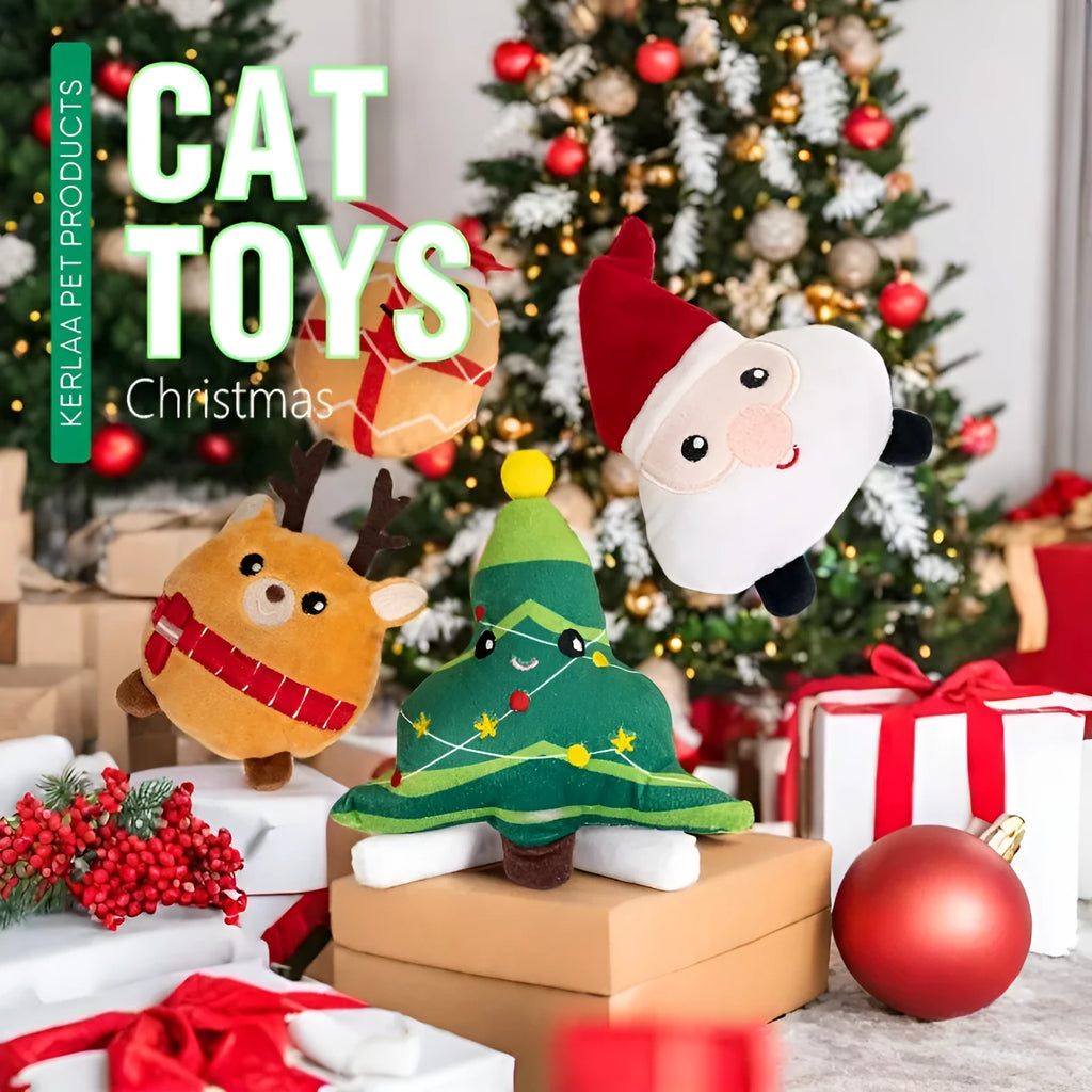 Christmas cat plush toy with catnip in Santa Claus, Christmas tree, elk, or smiling egg designs
