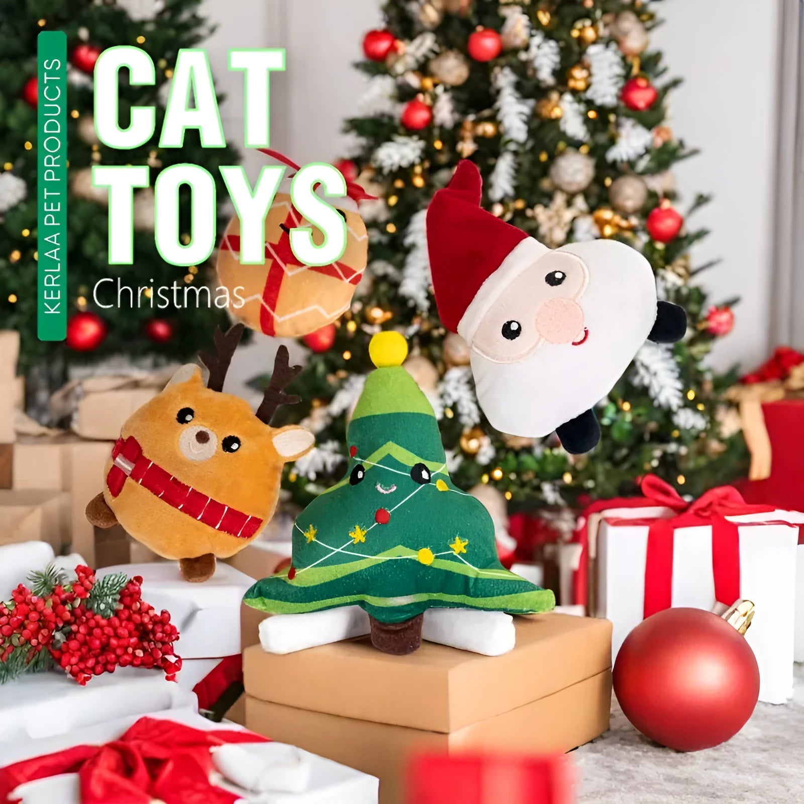 Christmas cat plush toy with catnip in Santa Claus, Christmas tree, elk, or smiling egg designs