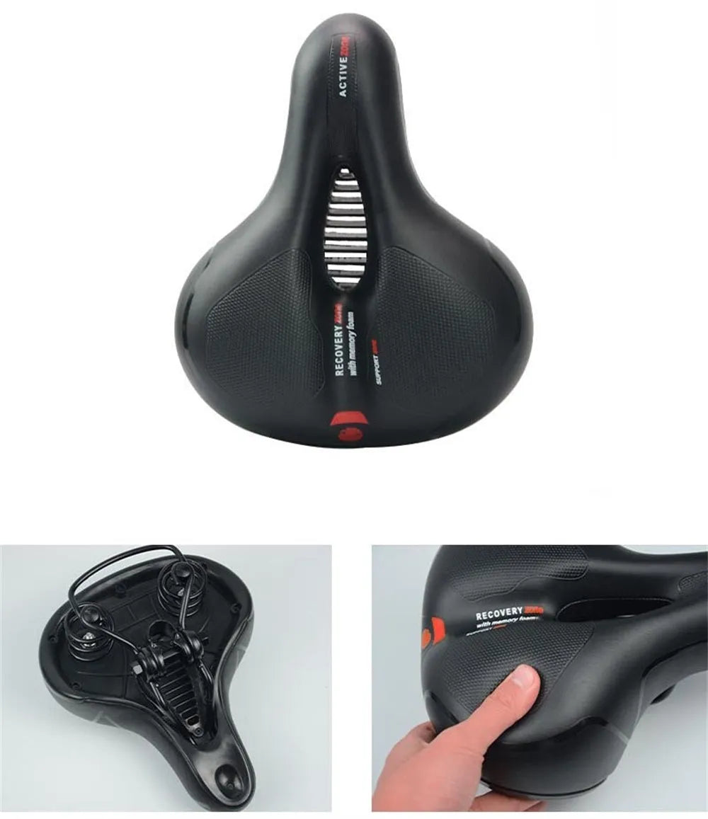 Thickened soft silicone bicycle saddle cushion with PU leather cover, shown with a waterproof cover and repair tools.