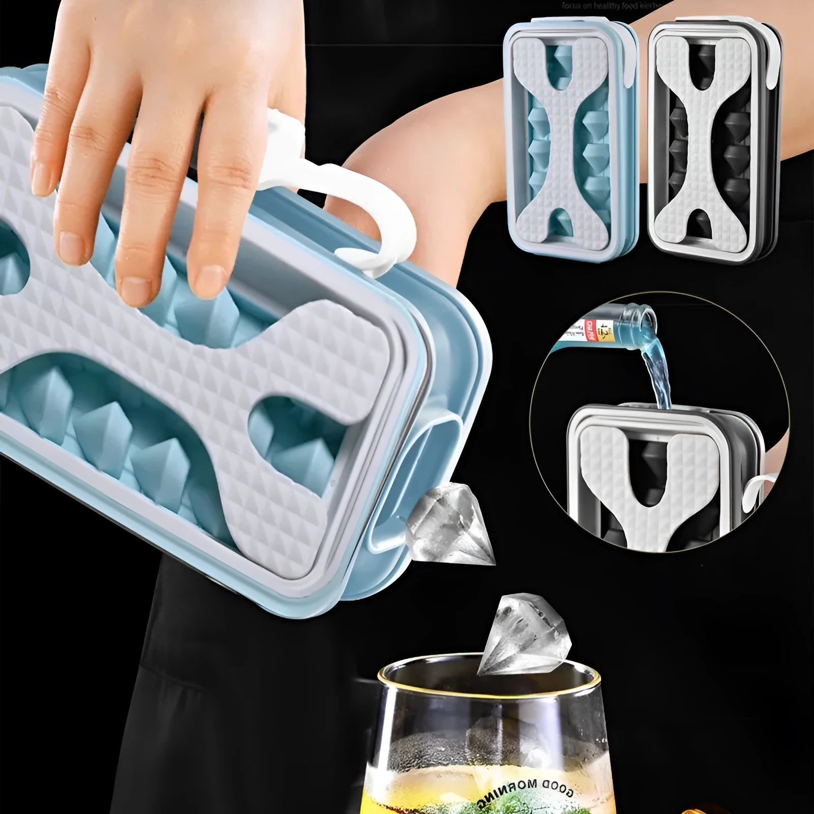 Silicone ice ball mould bottle with diamond curling pattern showing light grey, sky blue and white colour options