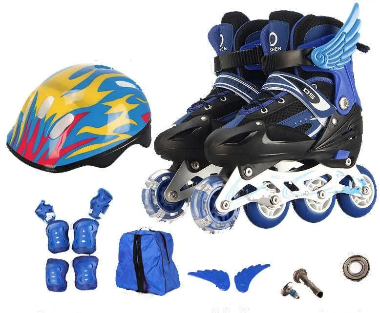 Children's adjustable roller skates in five colours with protective gear set including helmet and pads