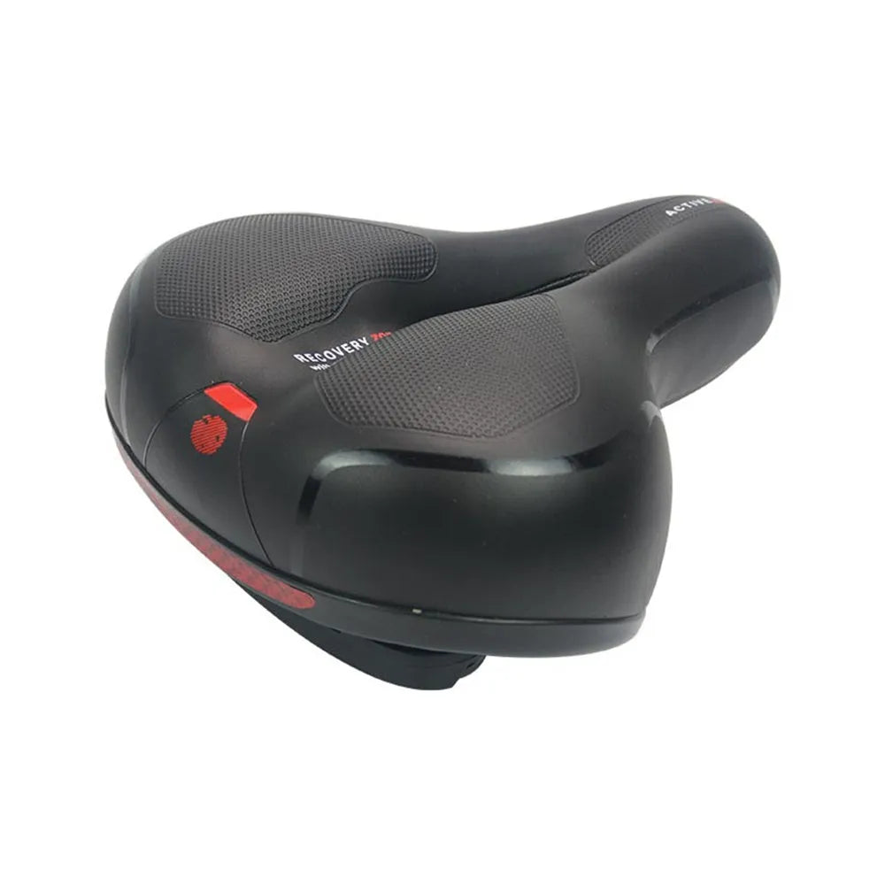 Thickened soft silicone bicycle saddle cushion with PU leather cover, shown with a waterproof cover and repair tools.