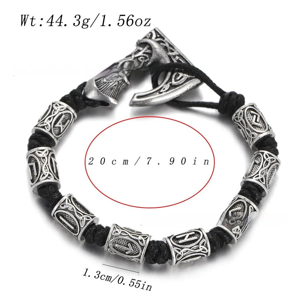 Handmade alloy rune lettering spacer beads woven bracelet on surface, three colour options available