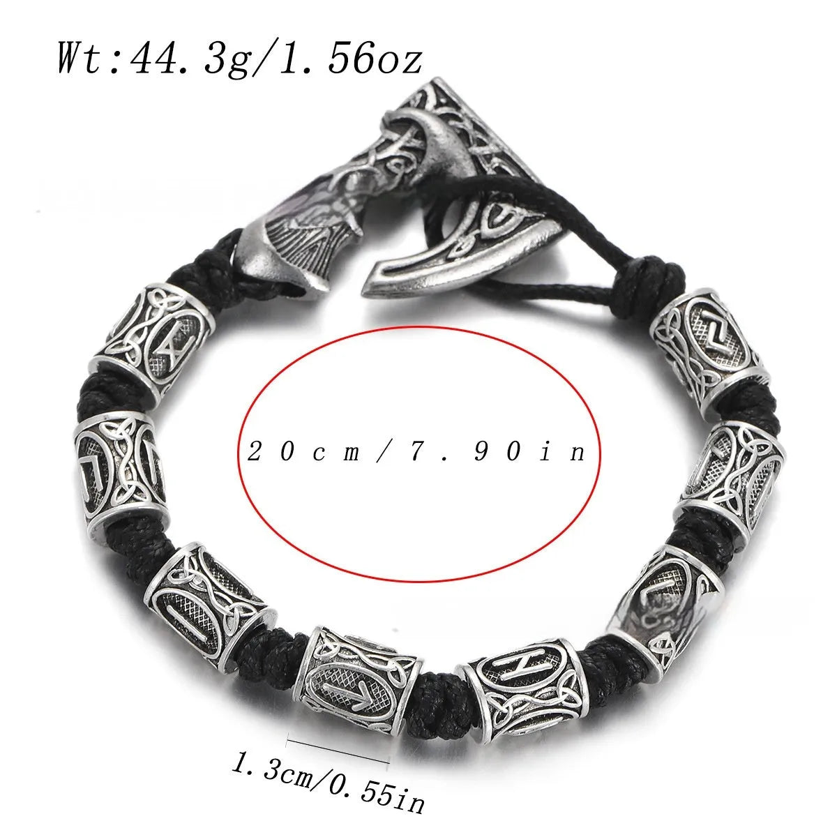 Handmade alloy rune lettering spacer beads woven bracelet on surface, three colour options available